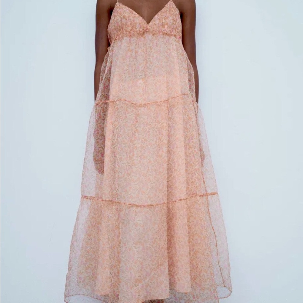 Zara Peach Floral Midi Dress NWT